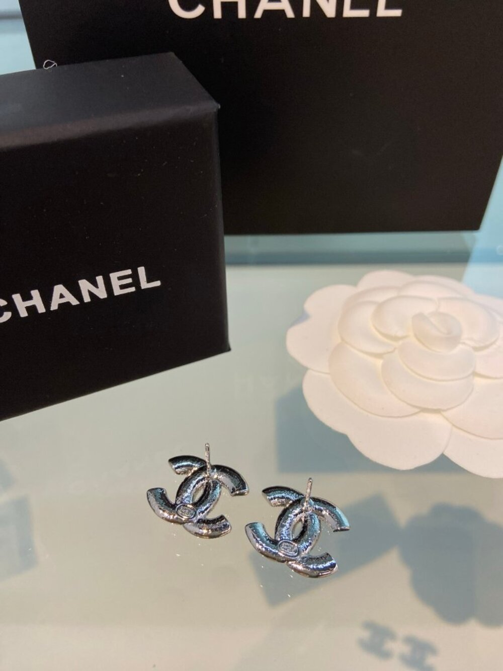 Chanel Silver-Tone CC Stud Earrings Set of 2 (Hammered + Crystal)